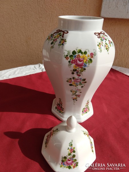 Nagy méretű virágos,,Német fedeles váza:  31 cm magas,,Hibátlan!