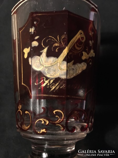 Xix.Sz.I. Antique biedermayer crimson pickled, polished, painted glass! 13.4X8 cm !!