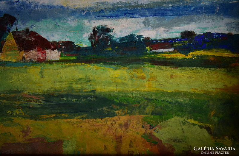 János Szűcs (1917-1995): farm oil painting 50x70cm