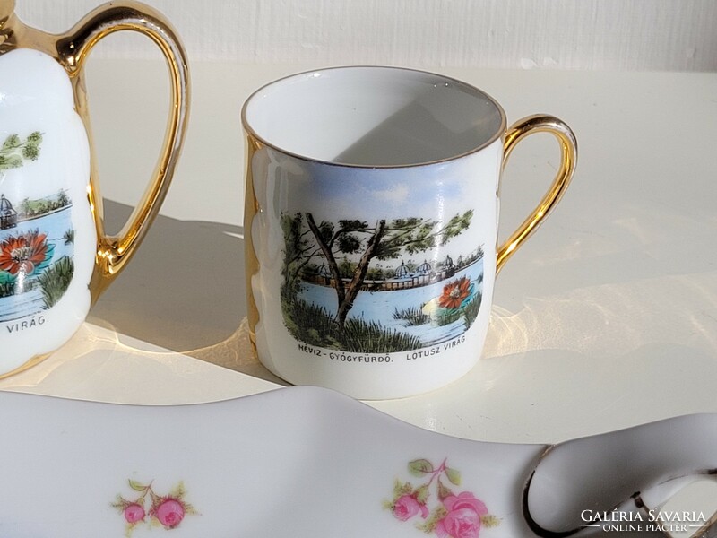 Régi antik Victoria Csehszlovák porcelán Hévíz gyógyfürdő emlék aranyozott tálca kávés csésze kiöntő