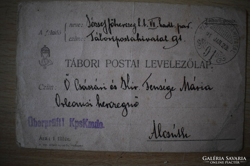 Field postcard written by Archduke József