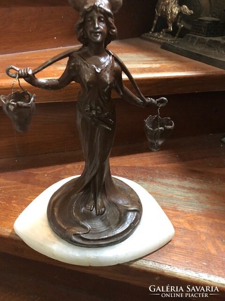 Art deco woman carrying water statue, on marble, size 24 cm