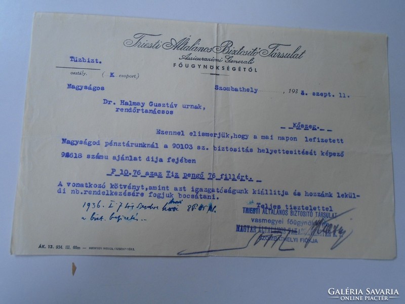 ZA466.11  Hivatalos levél  Triesti Biztosító Szombathely - 1936  Dr. Halmay Gusztáv rendőrt. Kőszeg