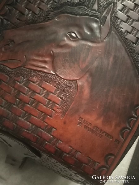 Handcrafted motorcycle side bag with horse decor