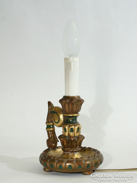 1930. Krémer marton carved wooden gilded painted table lamp in a pair | antique hand candle holder