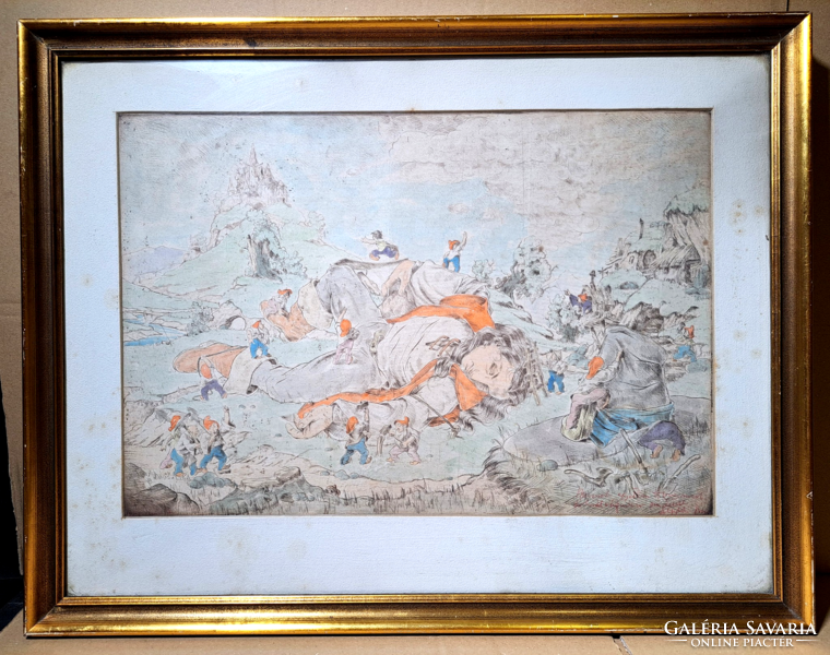 Gulliver in Lilliput - in a colored etching frame, John of the Plains mark?