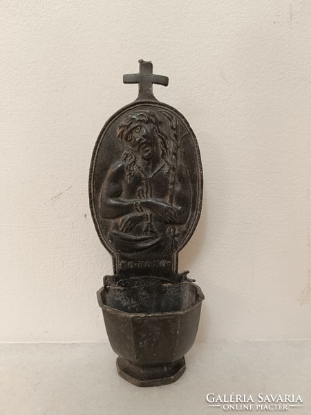 Antique holy water holder 18-19. Century pewter Christian religion Christ wall holy water container 237 7914