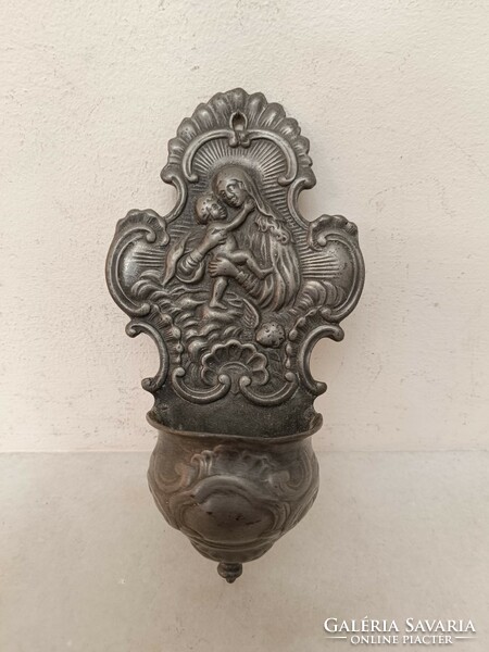 Antique holy water holder 18-19. Century pewter Christian religion Christ wall holy water tank 395 8037