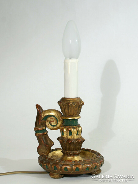 1930. Krémer Márton Faragott Fa Laparanyozott Festett Asztali Lámpa Párban | Antik Kézi Gyertyatartó
