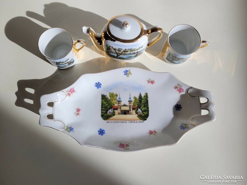 Régi antik Victoria Csehszlovák porcelán Hévíz gyógyfürdő emlék aranyozott tálca kávés csésze kiöntő