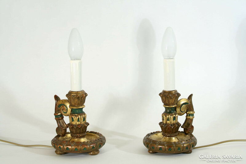 1930. Krémer marton carved wooden gilded painted table lamp in a pair | antique hand candle holder