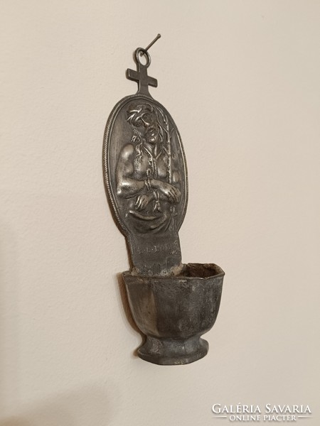 Antique holy water holder 18-19. Century pewter Christian religion Christ wall holy water container 236 7913