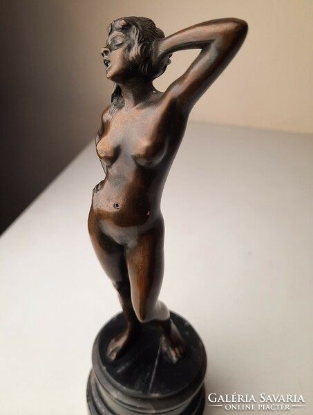 Art deco bronze female nude statue with alabaster base