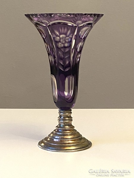 Etched antique purple glass vase on marked silver base 19.5 Cm with mint mark