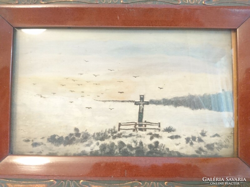 Régi festmény (olaj, faroston?) eredeti szecessziós keretben! szignózott: R.K. 1905