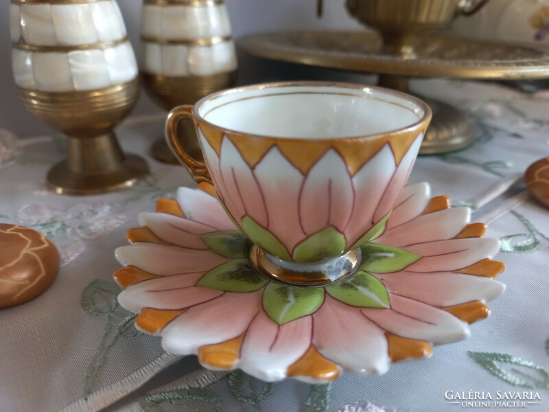Fairytale, old mocha cup and small plate with lotus flowers, collectible