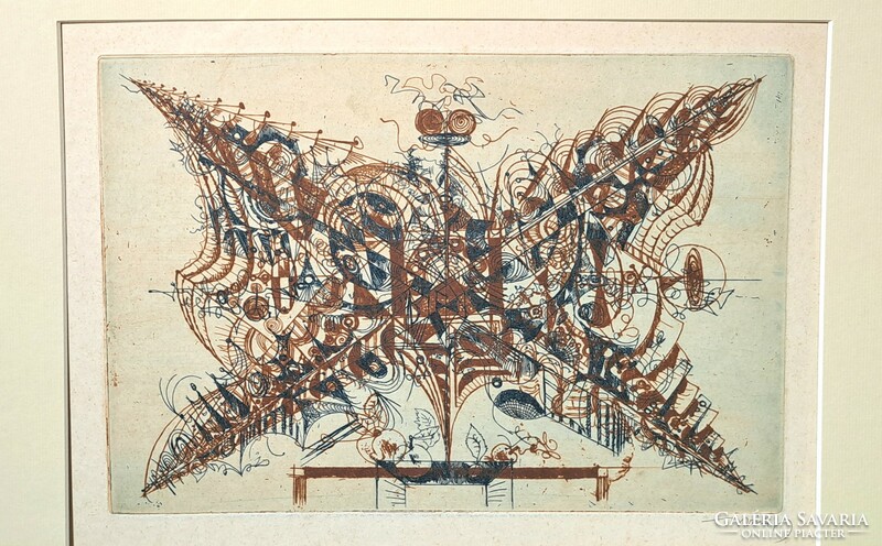 Gyula Hincz: composition (signed etching) modern graphics