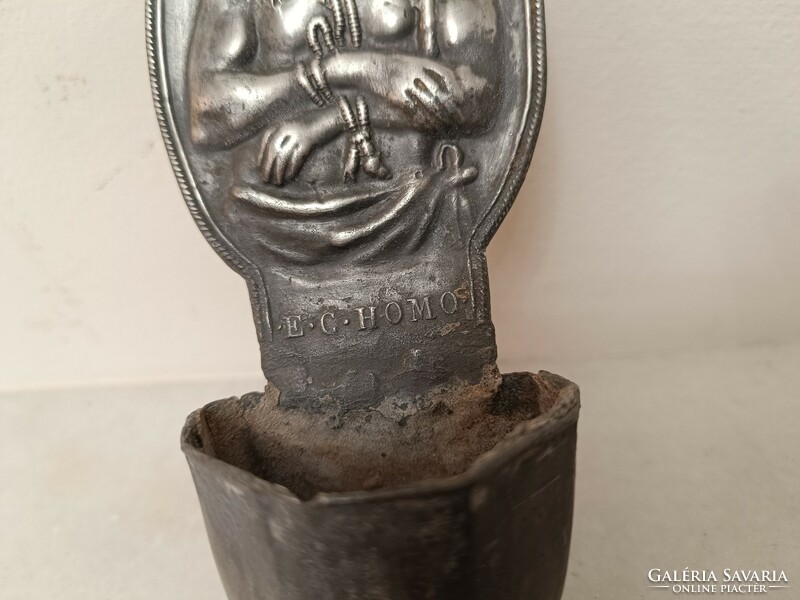 Antique holy water holder 18-19. Century pewter Christian religion Christ wall holy water container 236 7913