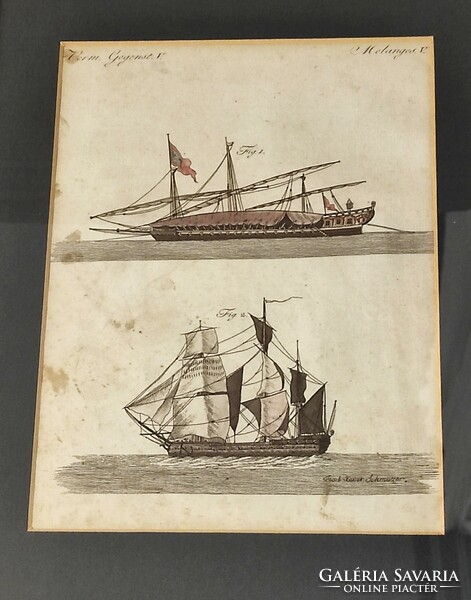 Két hajó: gálya és fregatt; színezett rézmetszet keretben, Jacob Xaver Schmuzer (1713-1775).