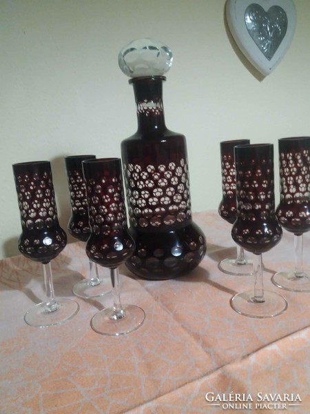 Purple-colored, polished glass brandy set