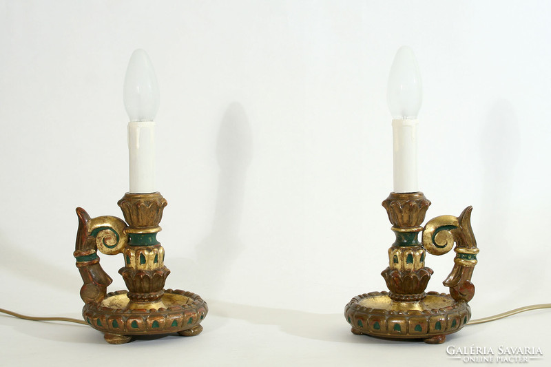 1930. Krémer marton carved wooden gilded painted table lamp in a pair | antique hand candle holder