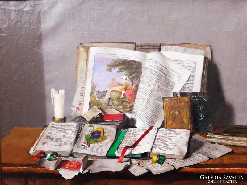 Árpád Romek (1883-1960) still life with books