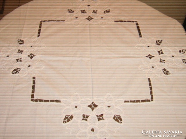 Beautiful snow-white rosette embroidered floral vintage tablecloth