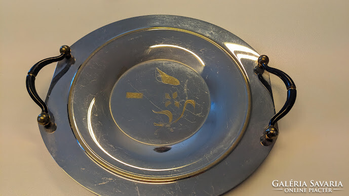 Stainless steel serving tray, chiseled, with gold decoration