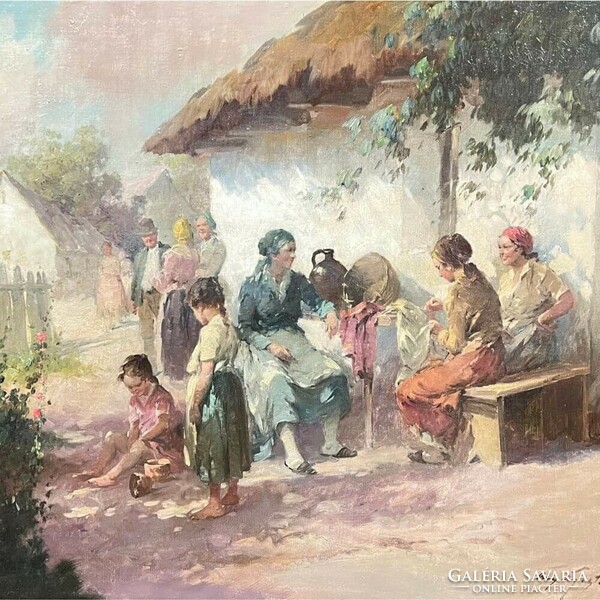 Ács Ágoston: people talking in front of the house (f495)