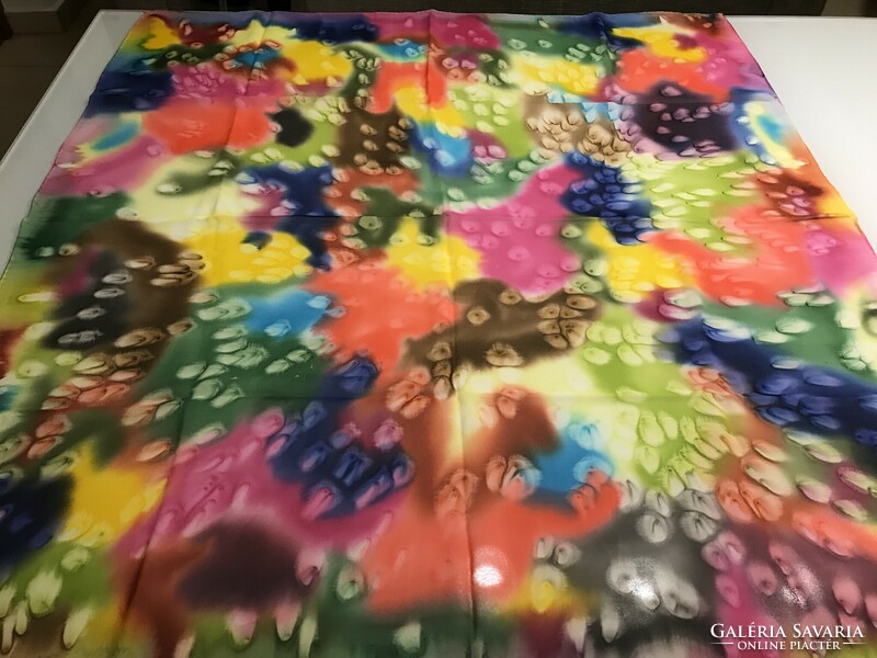 Hand-dyed silk scarf with all the colors of the rainbow, 85 x 80 cm