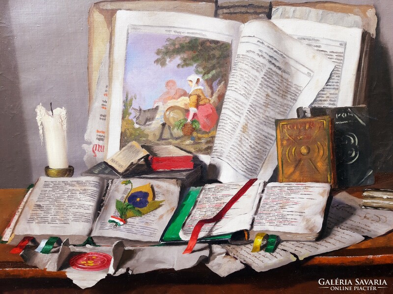 Árpád Romek (1883-1960) still life with books