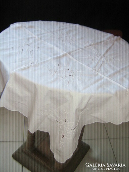 Beautiful vintage rosy white embroidered risel tablecloth