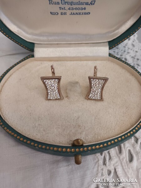 Old silver handmade French clasp earrings with white zirconia stones for sale!