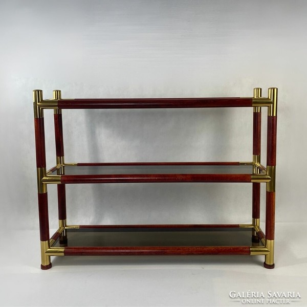 Special mid-century mahogany, glass bookcase with copper inlay