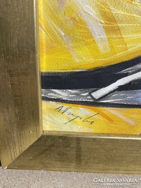 XX. század eleji absztrakt festmény, olaj, fán, 47 x 69 cm-es.akt, szignózott