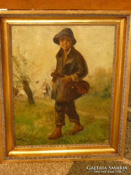 Sándor turmayer for sale: oil canvas painting titled Gypsy boy, a wandering musician
