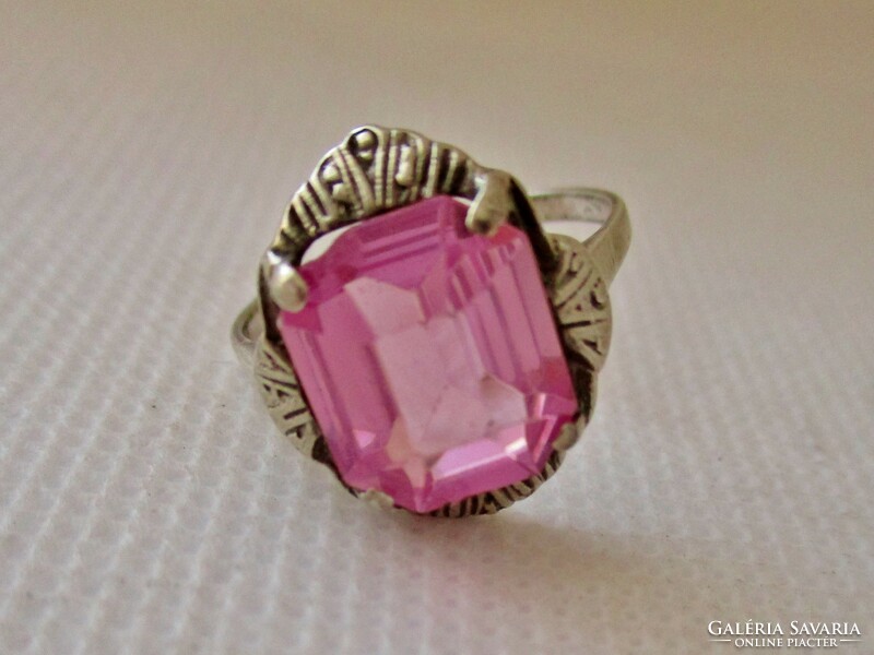 Beautiful old silver ring with a large genuine pink topaz stone