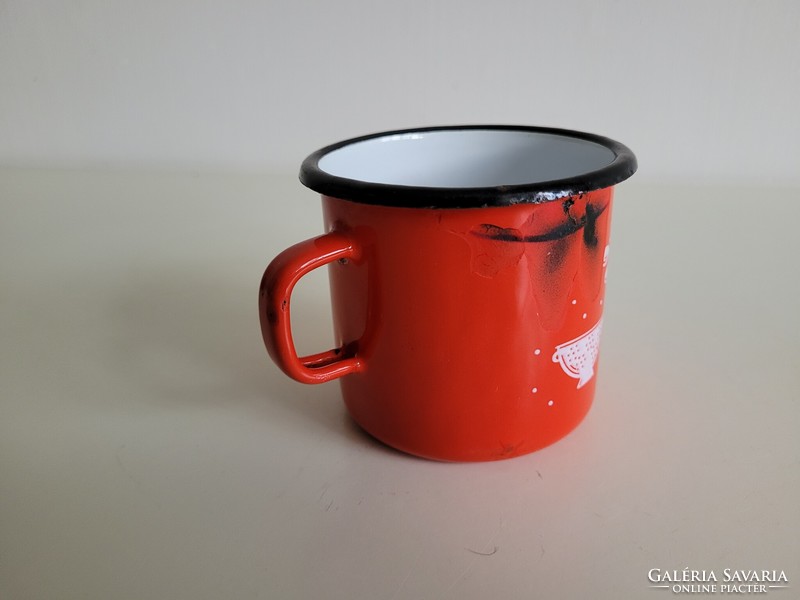 Old retro enameled polka dot pot pattern metal enameled small children's mug