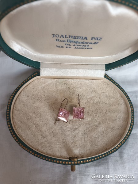 Old handmade silver hoop earrings with pink cubic zirconia stones for sale!
