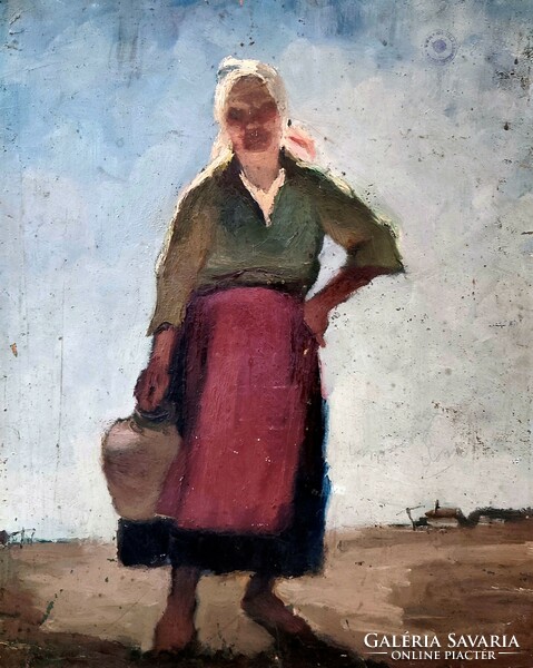 Ferenc Pogány ( 1886 - 1930 ) shepherd with puli / girl with pitcher.