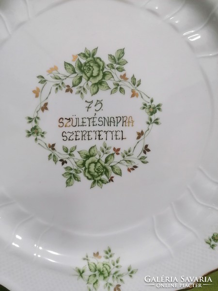 Hollóháza Erika pattern cake plate, with the inscription 75th Birthday