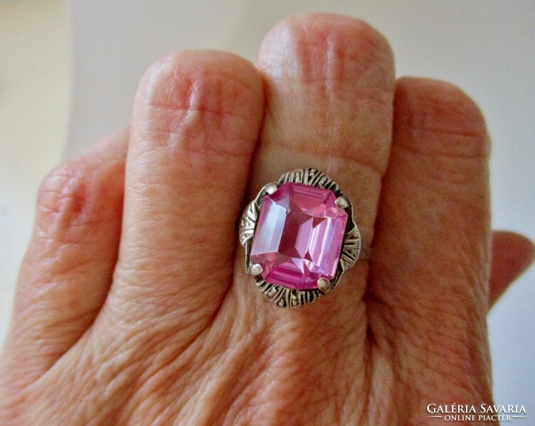 Beautiful old silver ring with a large genuine pink topaz stone