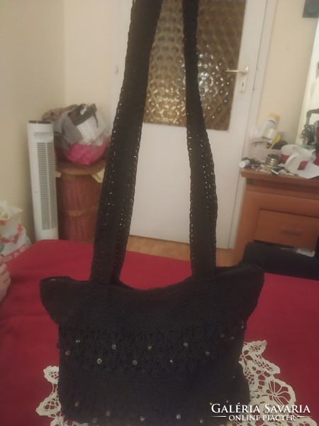 Crocheted black lined women's shoulder bag with 2 handles