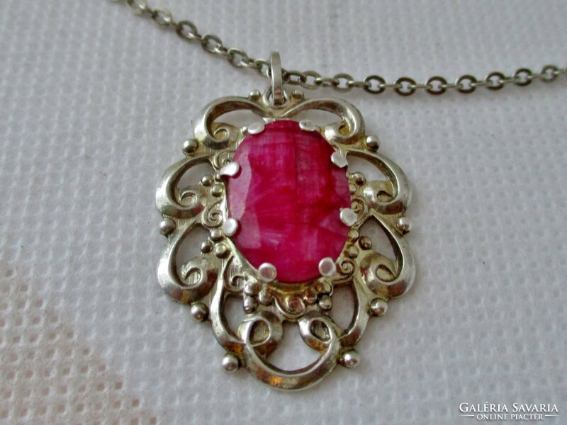 Beautiful old silver necklace with genuine ruby stone pendant