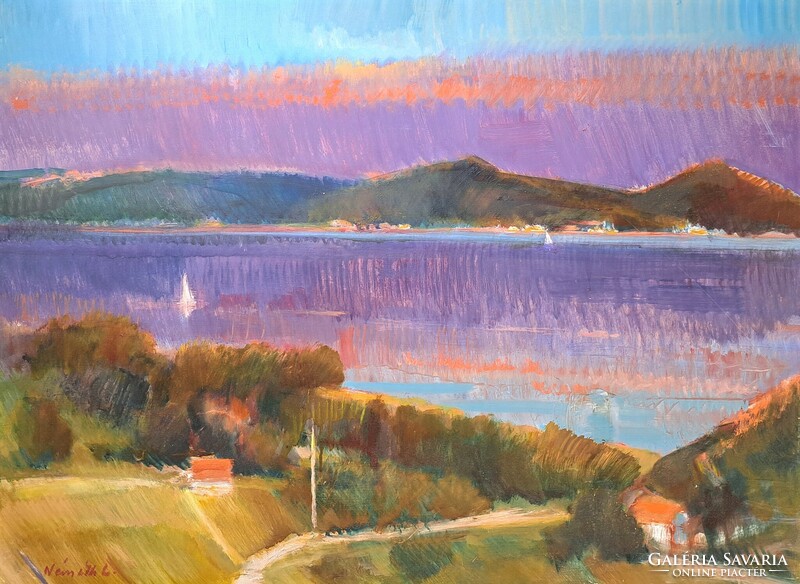 László Németh: Balaton (oil painting 60x80 cm, gallery) landscape, skyline, panorama, lake