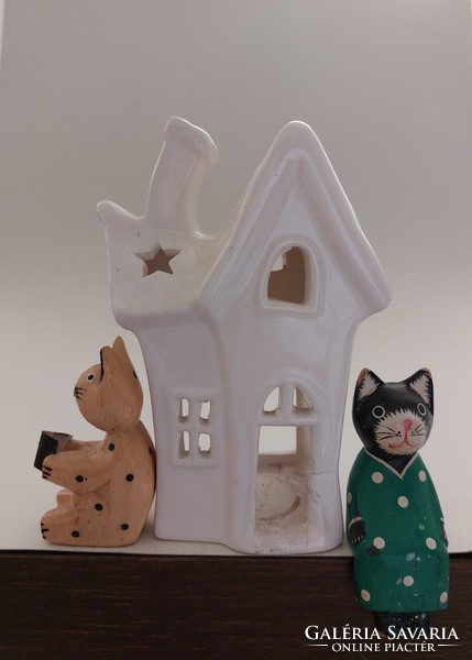 Christmas white candle holder house with cats 3 pcs