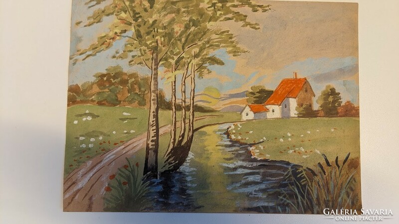 House on the bank of the stream tempera