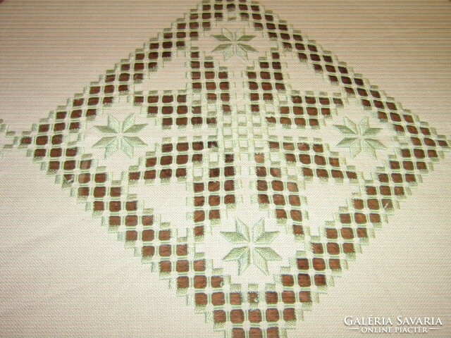 Beautiful green embroidered azure crocheted woven needlework tablecloth