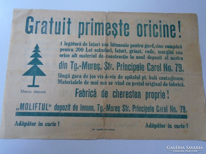 ZA466.35  Marosvásárhely 1920's Fűrészgyár Moliftul - épületfa kereskedés kétnyelvű reklám