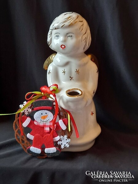 Karácsonyi dísz porcelán angyalka figurás mécsestartó 18cm, ajándék dísszel (jelzett)